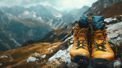Hiking boots and backpack on a mountain trail, showcasing the endurance and adventure of hiking as a sport.