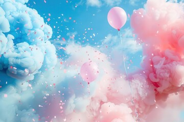 gender reveal spectacle billowing pastel blue and pink smoke clouds with floating balloons and shimmering confetti joyful celebration backdrop