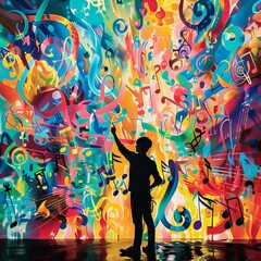 A musician stands in front of a colorful background, pointing at a staff filled with musical notes and symbols.