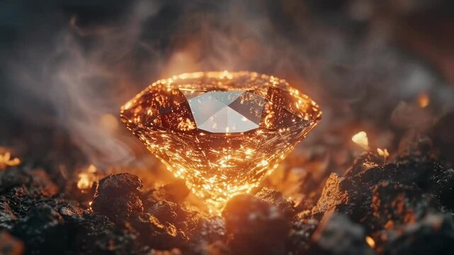 A highly polished diamond glows amidst sizzling, fiery embers, creating a striking contrast with its sparkling clarity. Captured in an intense and dramatic setting, creating a sense of rarity and