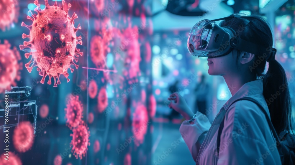 Aufkleber A woman wearing a VR headset interacts with a virtual display of virus particles.