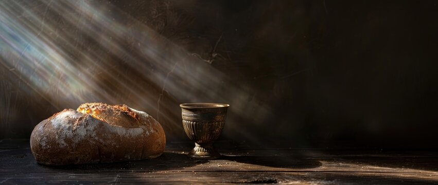 Chalice with bread and wine on a dark wooden background.