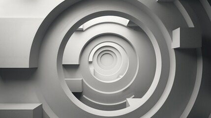 A minimalist composition of concentric circles and squares in grayscale tones, creating a sense of depth and symmetry.