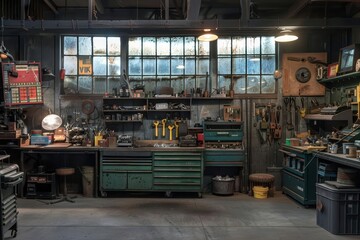 gritty auto repair shop interior of cluttered garage with vintage tools greasestained workbench classic car parts moody industrial lighting