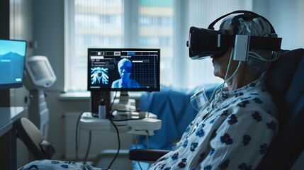 Realism of A patient receiving remote therapy sessions through a virtual reality platform.. very detailed