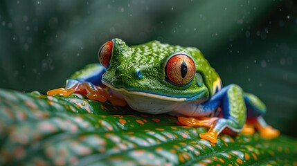 Naklejka premium Macro image of a red-eyed tree frog's vibrant green skin with blue and orange patterns, reflecting its tropical habitat and nocturnal lifestyle.