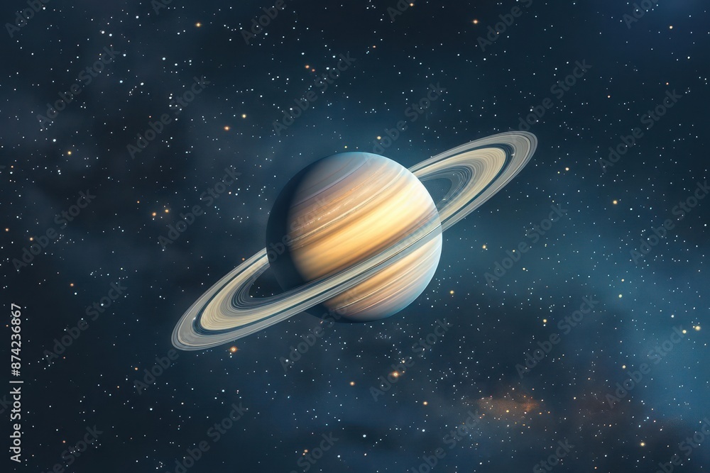 Poster hyperrealistic render of saturn floating in deep space intricate ring system and atmospheric bands v