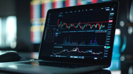 Obraz premium Laptops showing real-time stock market statistics and data on their screens.