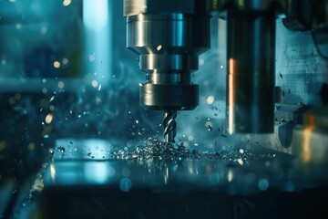industrial precision closeup of cnc milling machine in action flying metal shavings gleaming drill bit precise movements cool blue lighting hightech manufacturing atmosphere