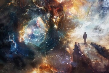 Naklejka premium interdimensional portal framed by celestial architecture souls traversing ethereal bridge cosmic energies