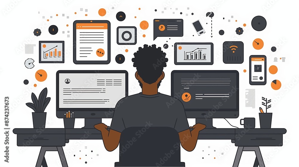 Poster a person working on two desktops with multiple devices and data displays