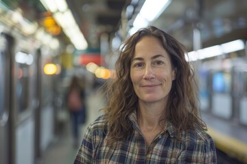 Portrait of a blissful woman in her 40s dressed in a relaxed flannel shirt isolated on bustling city subway background