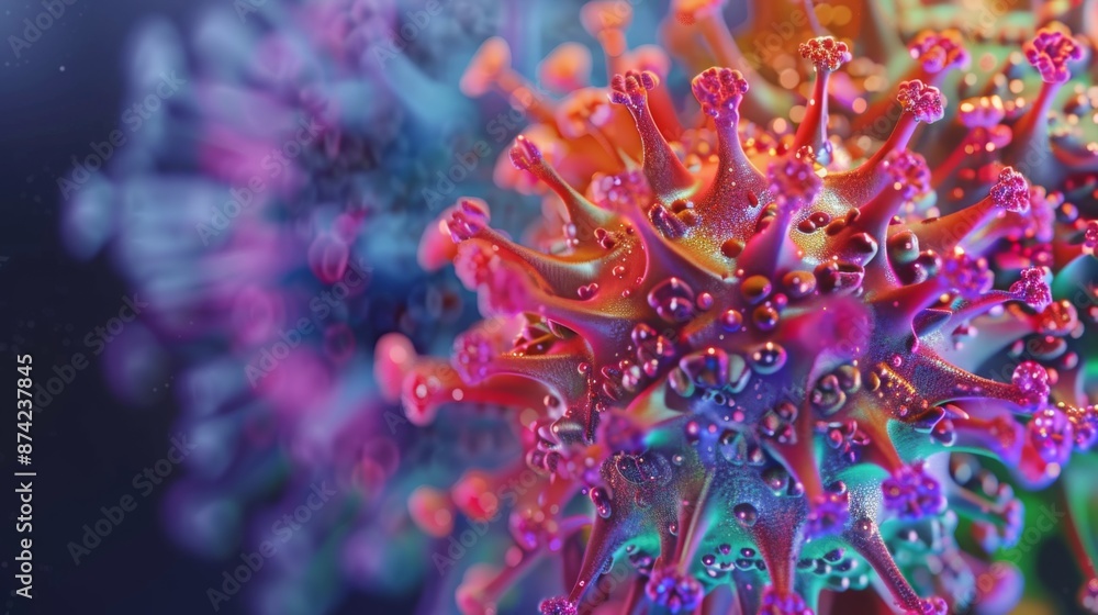 Poster a microscopic view of a virus, showing its intricate structure and colorful details.