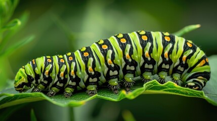 Fototapeta premium Macro shot of a monarch caterpillar's striped green and black body, showcasing its transformation into a butterfly.