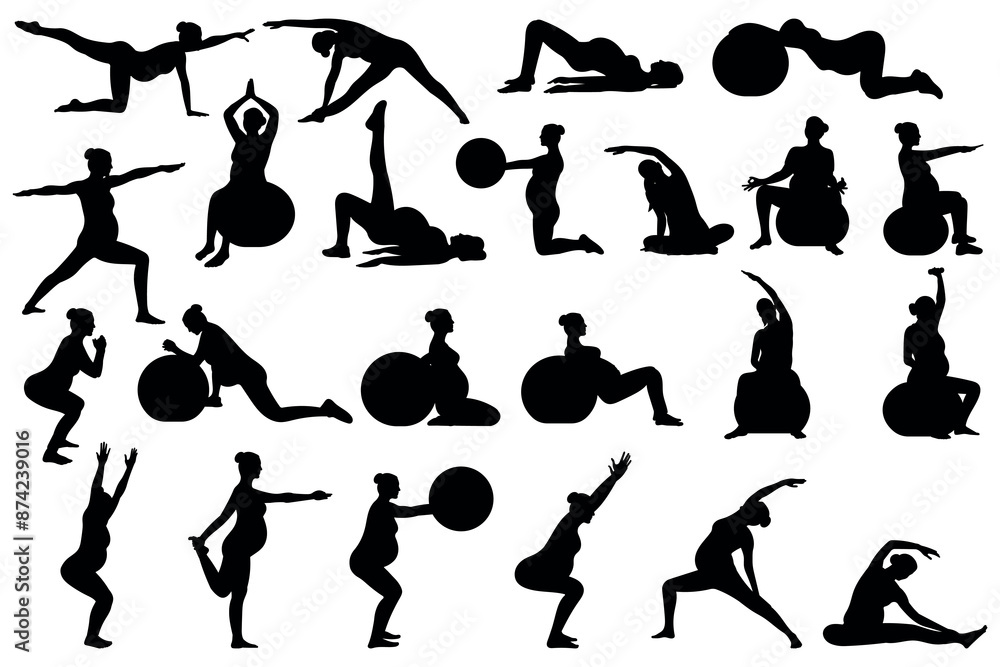 Wall mural fitness for pregnant women silhouettes vector illustration set