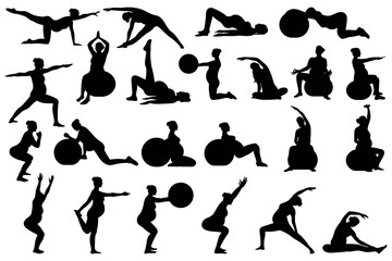 Fitness for pregnant women silhouettes vector illustration set