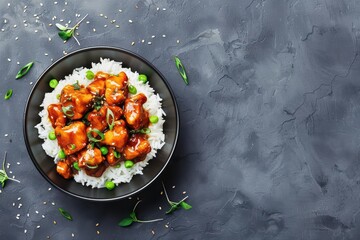 Teriyaki chicken explosion offers tender chicken pieces glazed with a sweet and savory teriyaki sauce, served with rice or noodles with copy space