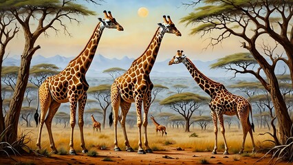 A family of giraffes in the African savanna, standing tall against a backdrop of acacia trees and rolling hills.