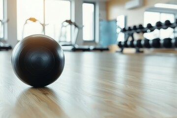 The gymnasium is filled with fitness equipment and space for various physical exercises and sports training with copy space