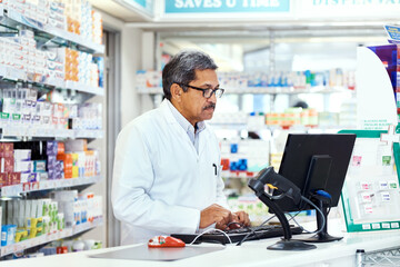 Pharmacist, computer and sales for stock, medicine and drugstore services as chemist. Medical...