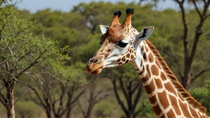 Obraz premium Close-up of a giraffe's head with a blurred background of trees.