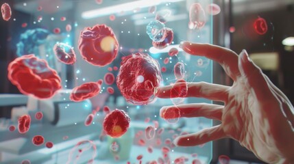 A hand reaches through a digital interface to interact with floating red blood cells in a virtual environment.