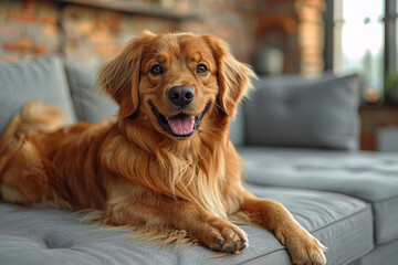 Fototapeta premium Golden retriever puppy relaxing on couch