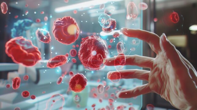 A hand reaches through a digital interface to interact with floating red blood cells in a virtual environment. - Powered by Adobe