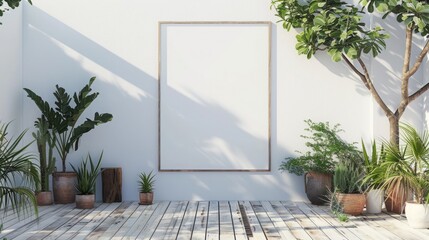 Elegant Display Haven: White Patio with Wooden Deck, Potted Plants, and Blank Frame Mockup for Art Presentation