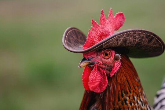 A rooster wearing a cowboy hat.  The rooster is looking to the right.  There is a green background.