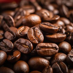 Fototapeta premium Close-up of roasted coffee beans showcasing their rich color and texture, perfect for any coffee-related content or advertisement.