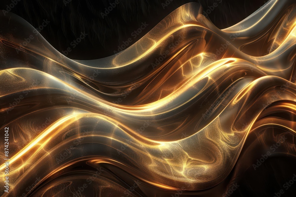 Poster mesmerizing digital art piece featuring undulating waves of liquid gold creating a hypnotic interpla