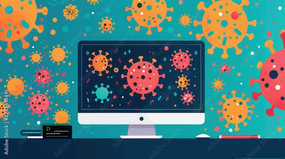 Poster a computer screen displays an illustration of colorful viruses. the computer sits on a desk with a p