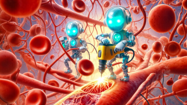 Futuristic scene of nanobots / nanites operating within human body, surrounded by vibrant red blood cells, showcasing advanced medical technology.