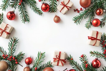 minimalist christmas banner design with negative space for text delicate fir branches shiny red baubles and gift boxes arranged on crisp white background