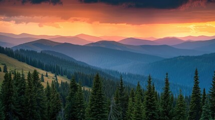 Obraz premium A peaceful mountain range with a series of rolling hills and dense pine forests, under a dramatic sunset.