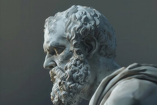 minimalist digital render of a pensive greek philosopher clean lines and simple shapes capture the essence of deep contemplation stoic expression and classic profile against a stark background