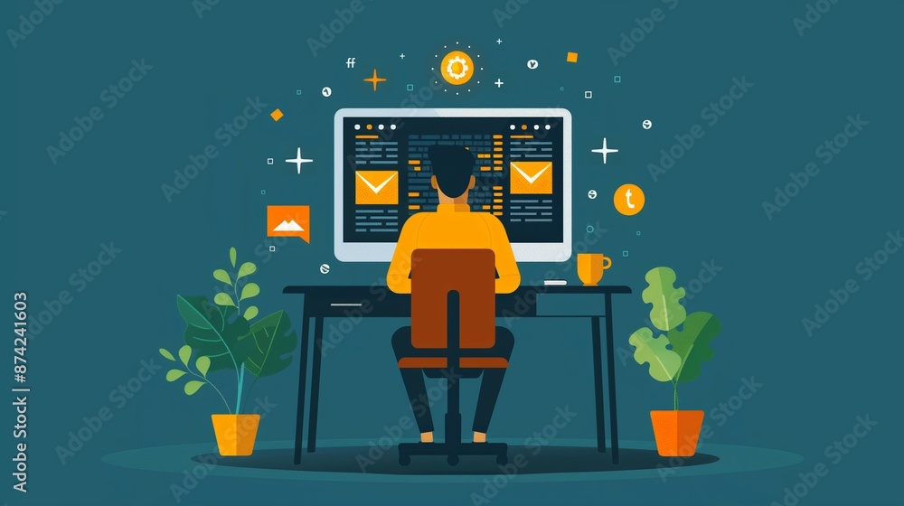 Poster person working at computer with code and email notifications