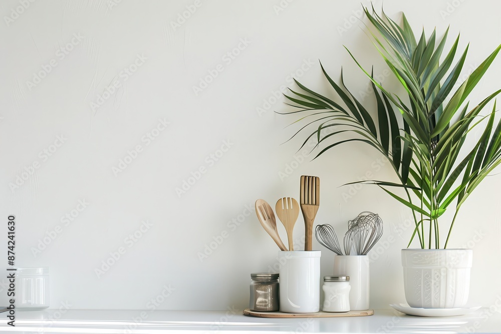 Wall mural minimalist kitchen vignette with carefully curated utensils crisp white surfaces contrast with pops 