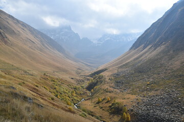 Dramatic landscape scenery and autumn colors in the Caucasus Mountains in Georgia