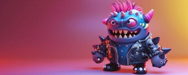 A monster with a spiked hairdo in leather rock and roll. Free copy space for banner.