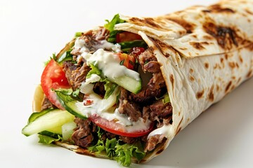 mouthwatering shawarma wrap bursting with savory meat fresh vegetables and creamy sauce expertly arranged on a clean white background highlighting its appetizing layers and textures