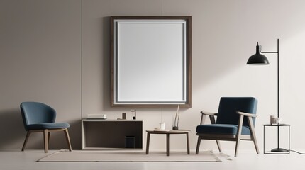 Modern Living Room with Scandinavian Furniture and Blank Canvas on Wall. Perfect for contemporary interior design inspiration