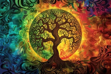 mystical tree of life illustration intricate branches form a perfect circle symbolizing unity and interconnectedness vibrant colors and organic shapes evoke growth and vitality