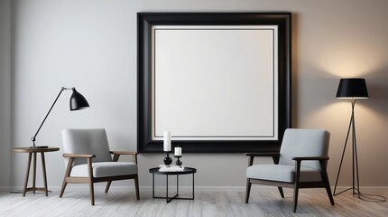 Modern Living Room with Scandinavian Furniture and Blank Canvas on Wall. Perfect for contemporary interior design inspiration