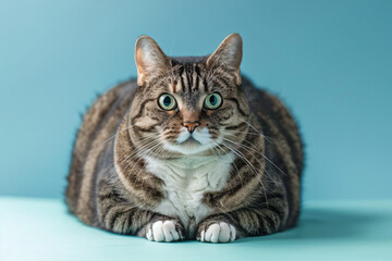 Portrait of severely overweight fat tabby cat on blue studio background