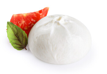 Burrata cheese with tomatoes and basil isolated on white background. With clipping path.