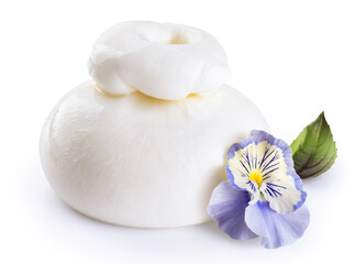 Burrata cheese with basil and edible flower isolated on white background. With clipping path.