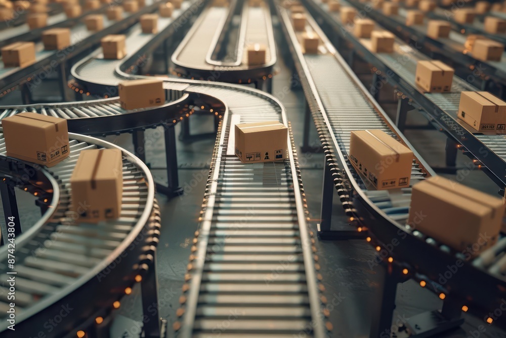 Poster overhead view of cardboard boxes moving on automated conveyor belt efficient distribution center 3d 