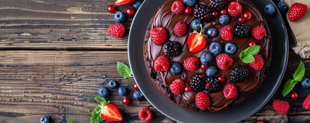 A chocolate cake with blueberries and strawberries on top.